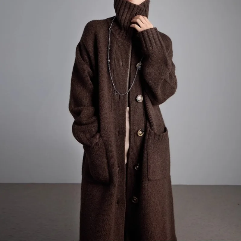 

Turtleneck Single Breasted Maxi Long Sleeve Cardigan Vintage Solid Turtleneck Pockets Harajuku Women Autumn Winter Outercoat