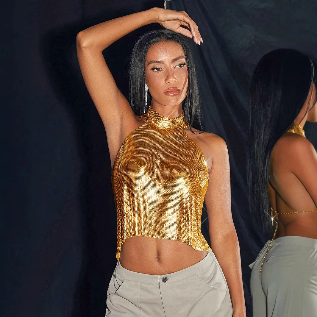 

Women Tops Sexy Halter Top Sleeveless Tanks Sequins Vests Camis Y2k Streetwear Elegant Splice Work Slim Tees Summer 2025 Punk