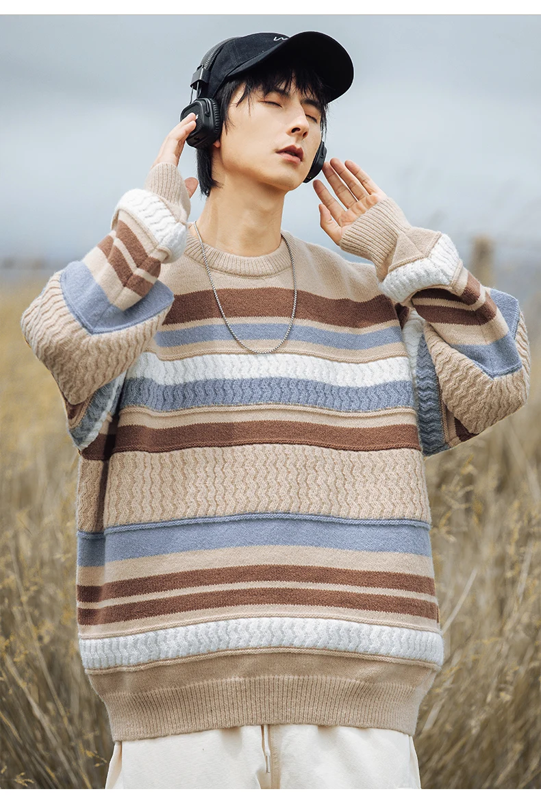 2025 Autumn Winter Men's Crew Neck Striped Off-White Color Block Sweater Casual Loose Warm Khaki Black Knitwear