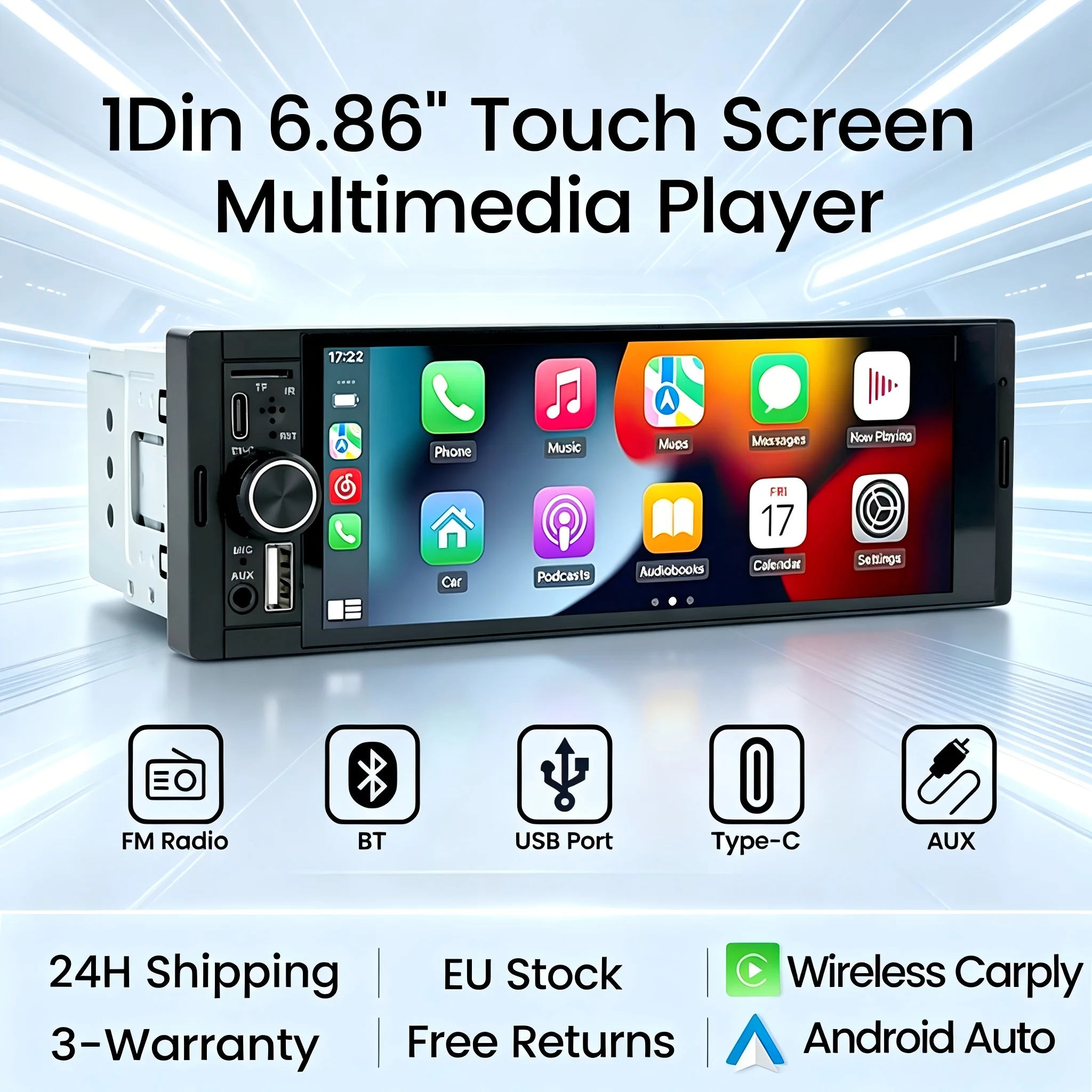 Stock UE, autoradio universel MP5 avec écran IPS de 6,86 pouces, 1 Din, Carplay sans fil, lecteur multimédia vidéo Android pour voiture, prise USB TYPE-C, navigation GPS BT