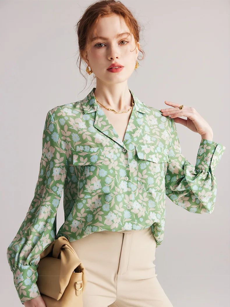 

Large silk shirt women's new long-sleeved crepe de chine printed long-sleeved suit collar for spring and summer 2023 100% mulber