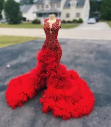Red Long Prom Dress For Black Girls Mermaid Beaded Crystal Ruffles High Slit Evening Gown Birthday Party Gala Dresses Customized