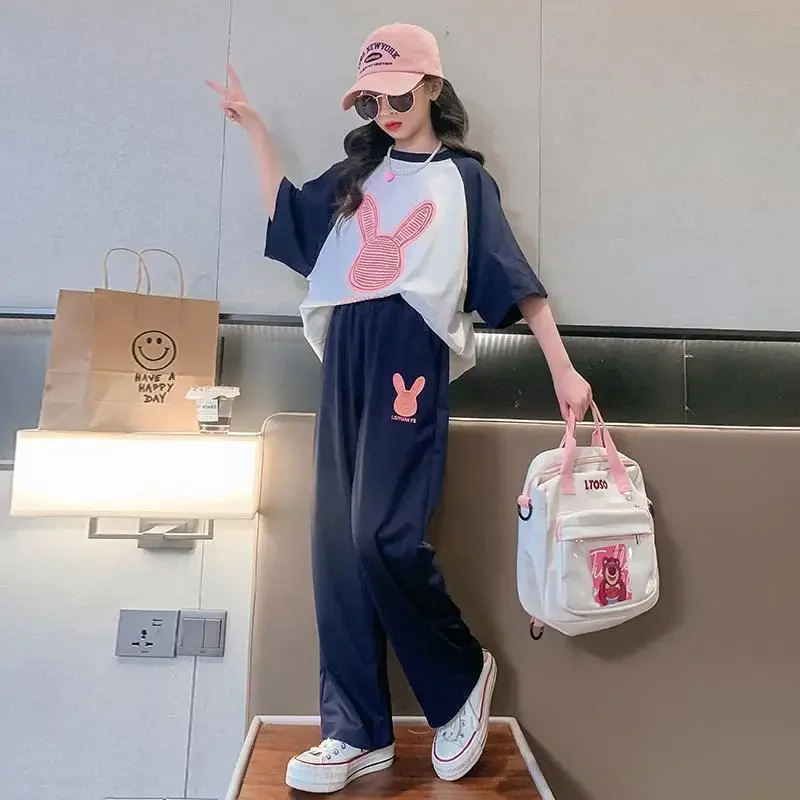 2024 summer Children set Clothes Girls tracksuit casual loose patchwork bunny t-shirt + sport pants Kid Teenager 5 10 11 12 year