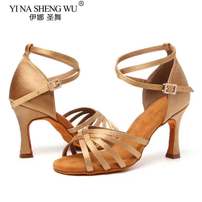 Women Latin Dance Shoes Soft Sole Ballroom Tango Indoor Dance Shoes Light Brown Cuban High Heel Party Dance Shoes Wholesale