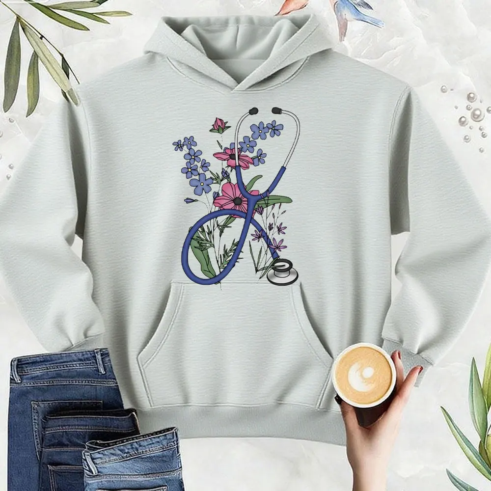 Floral Stethoscope Sweatshirt Nurse Doctor Gift Autumn and Winter Keep Warm Tracksuit Women Unisex Hoodie New Casual Simple