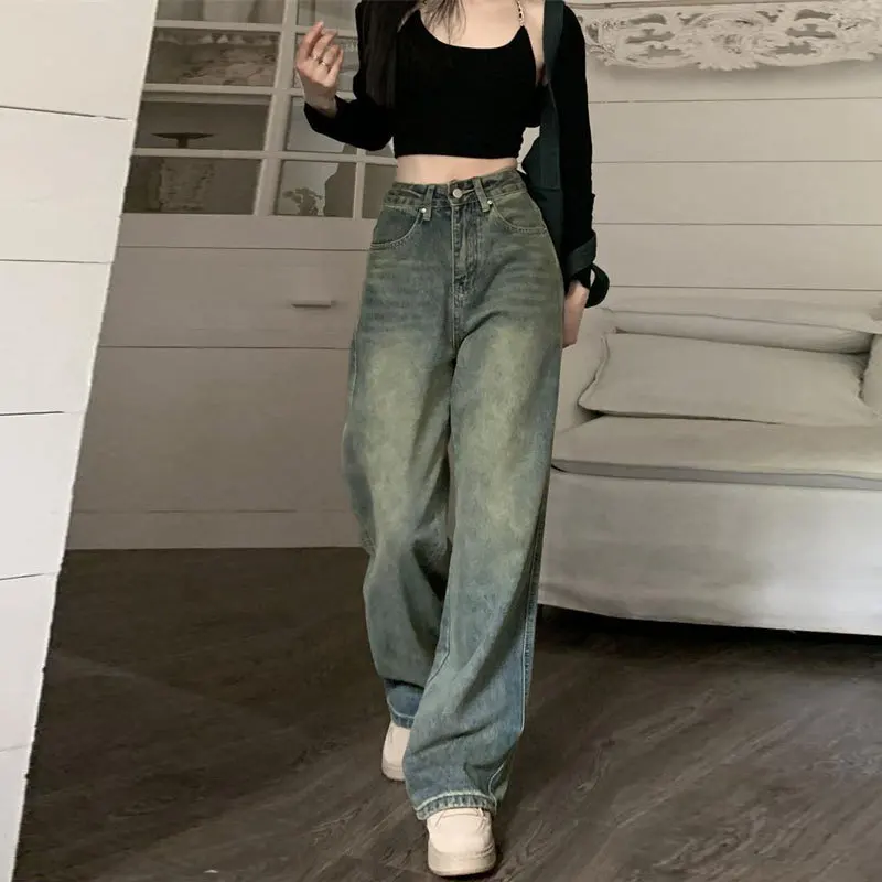 American Retro Water Washing Make-old High-waisted Wide-leg Jeans, Women's Casual Loose Straight Leg Pants, Floor-length Jeans