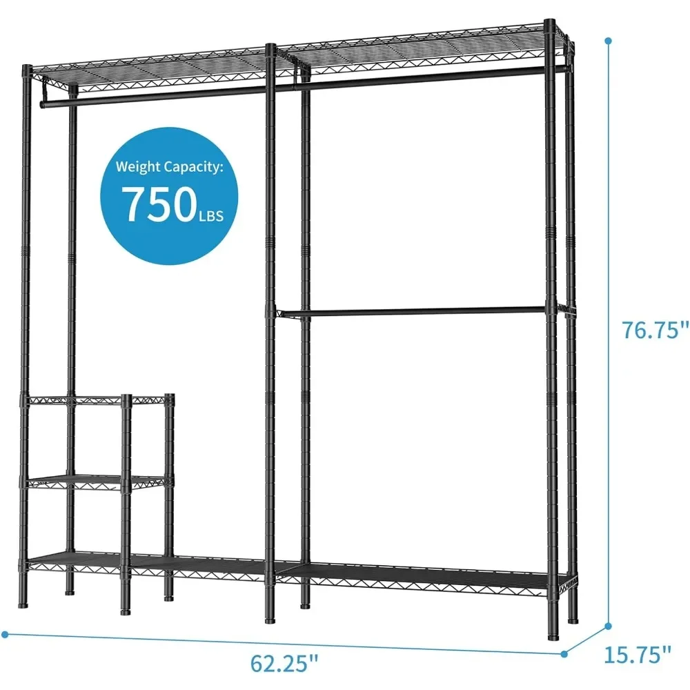 Clothes Rack with 4 Tiers, Adjustable Wire Shelves&3 Hanger Rods, MaxLoad 800lbs, Coat Rack