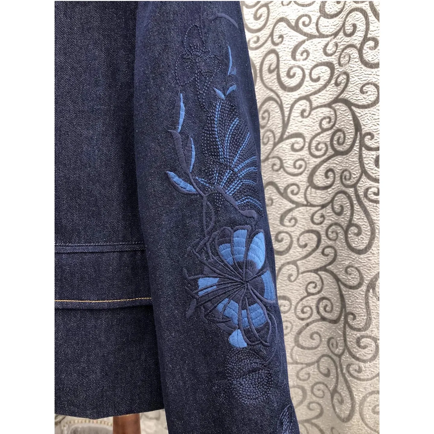 100% algodão denim casacos 2025 outono inverno moda senhora turn-down colarinho requintado bordado manga longa azul jeans outerwear