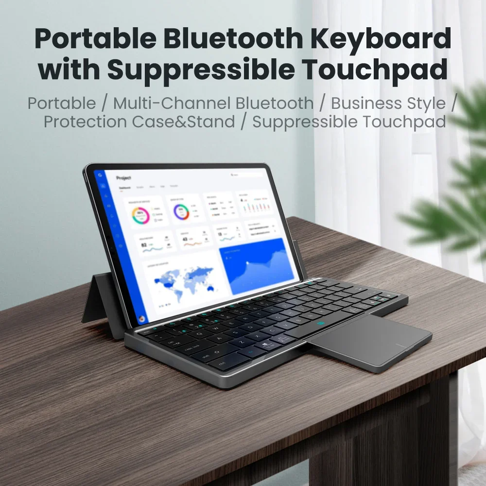 

Складная Bluetooth-клавиатура с тачпадом, перезаряжаемая, бесшумное соединение для нескольких устройств, подходит для планшетов, телефонов.