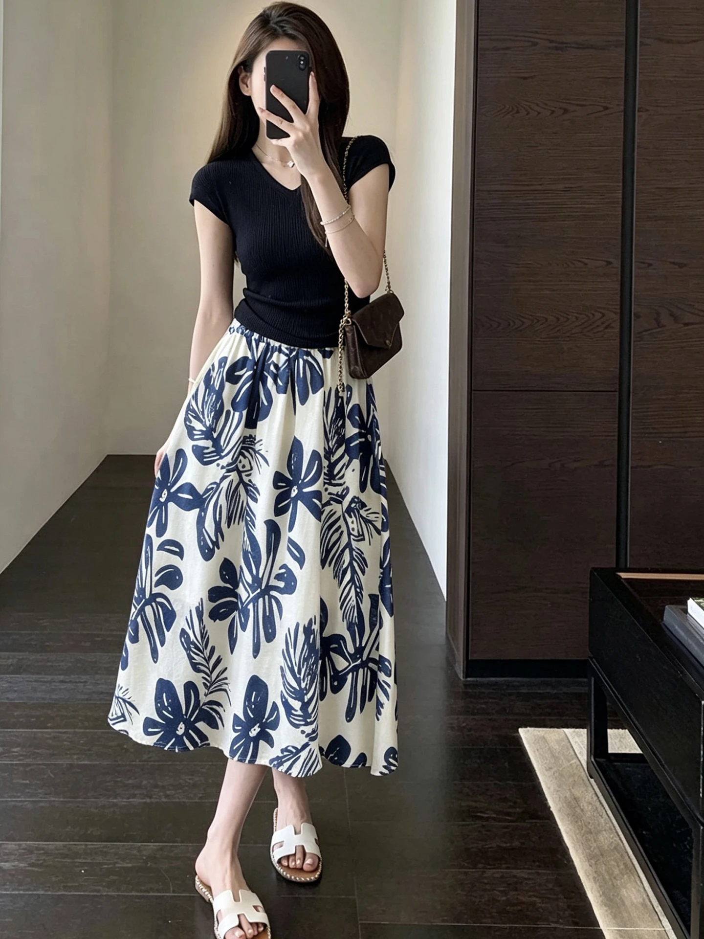

High Waist A-Line Printed Skirt Slimming Female Fashionable French Style Breathable Skin-Friendly Spring Summer New Arrival