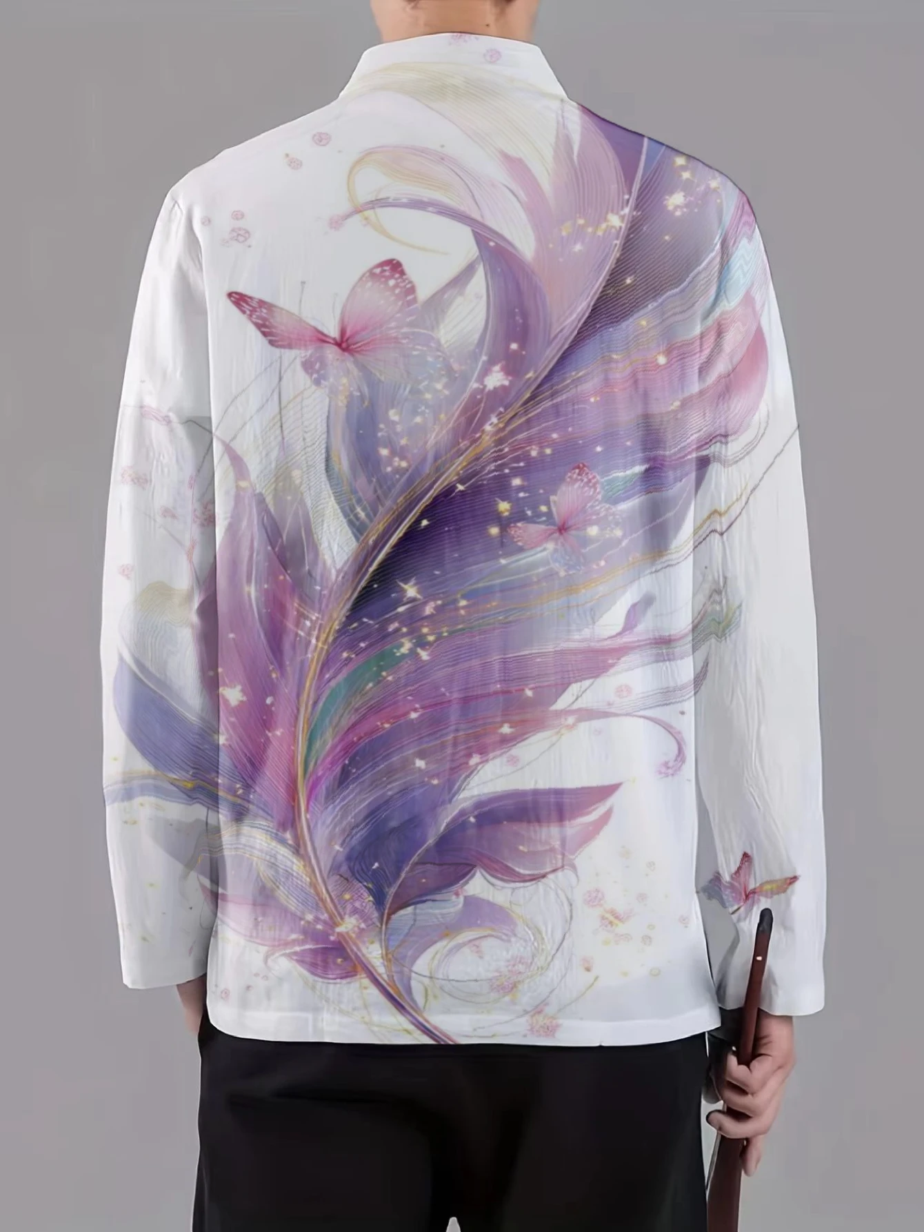 Men Mandarin Collar Frog Button Jacket Butterfly Floral Oriental Print Traditional Outerwear