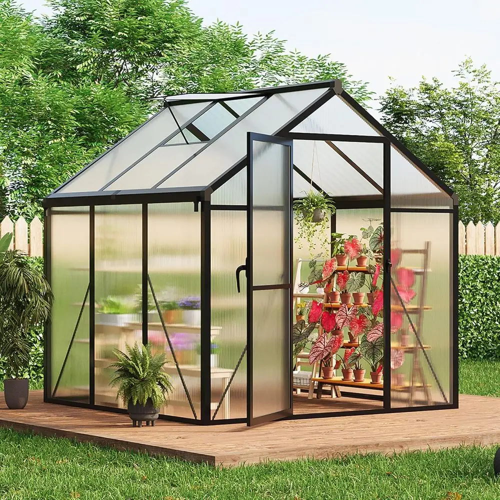 6x6 ft Black Outdoor Polycarbonate Greenhouse with Roof Vent, Ground Stakes, and Lockable Door for Garden Use