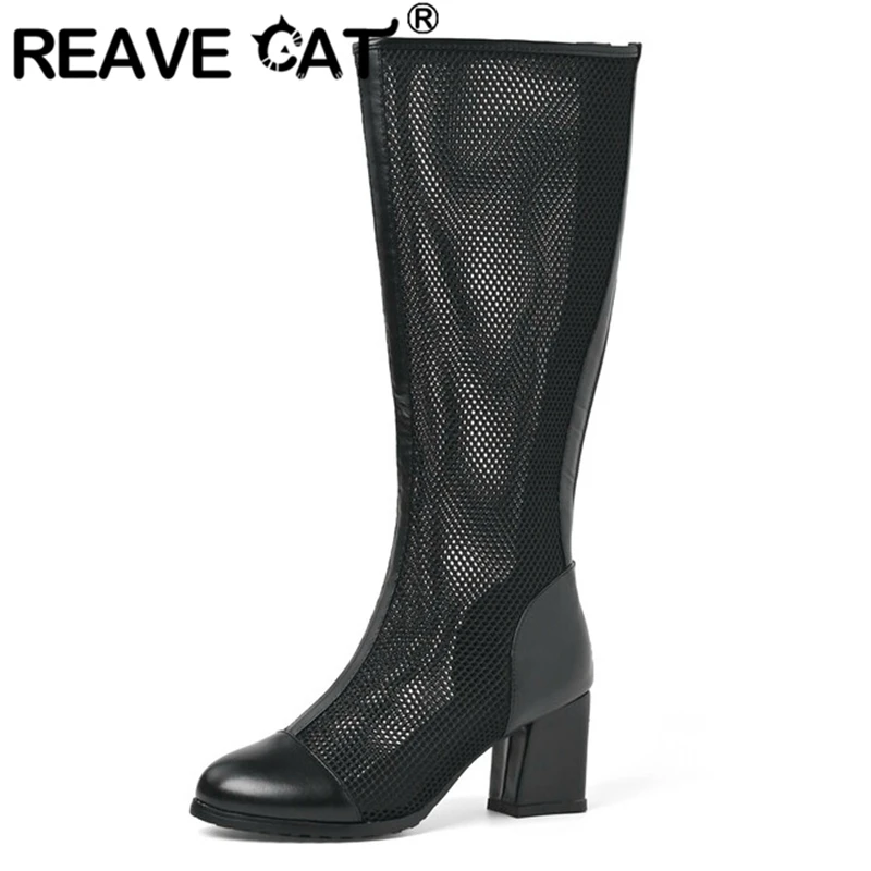 

REAVE CAT Summer Knee-High Boots Round Toe Block Heels Breathable Mesh Splice Zip Fashion Big Size 34-43 Black White Sexy S3196