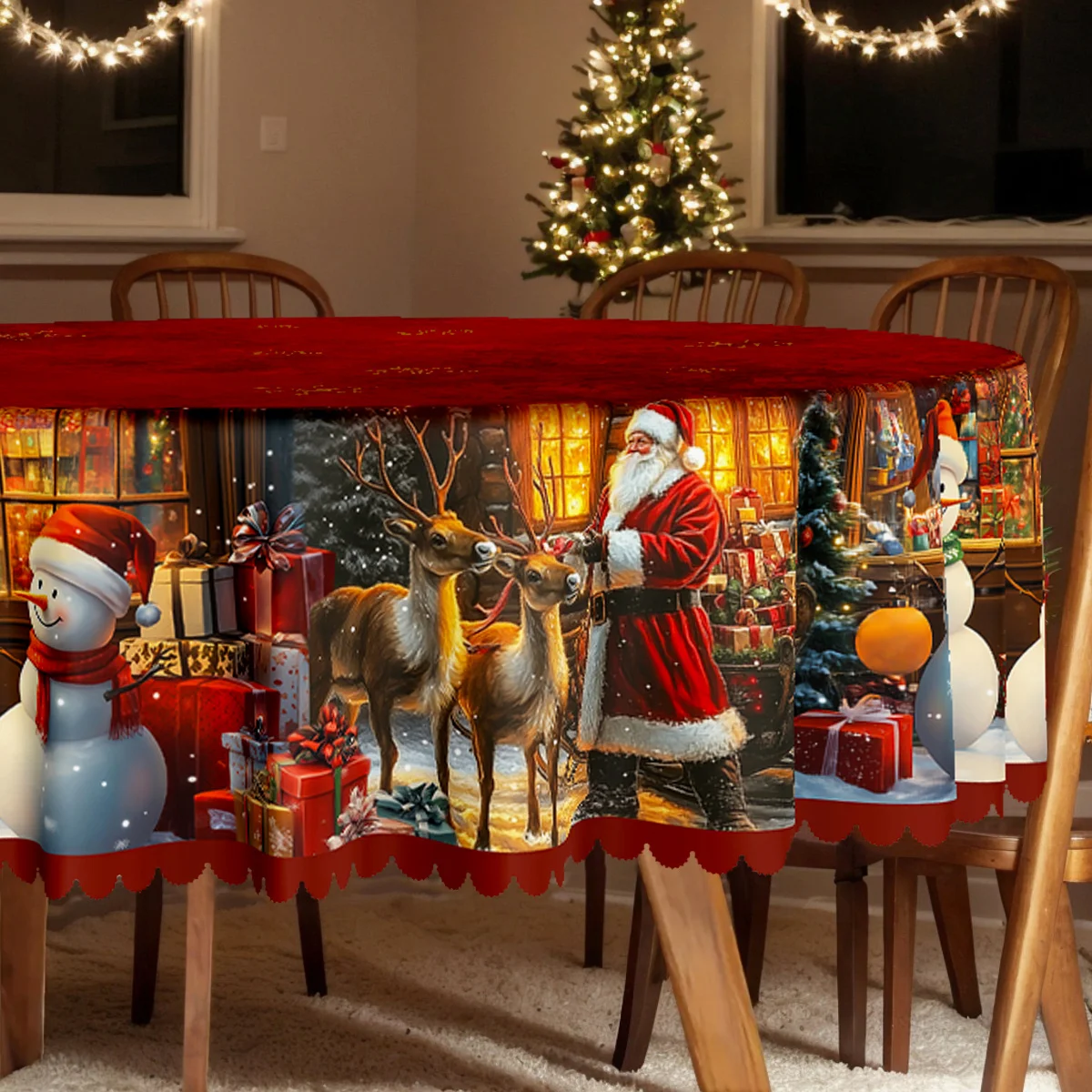 1 piece, Merry Christmas themed party tablecloth, red Santa snowman reindeer design pattern print