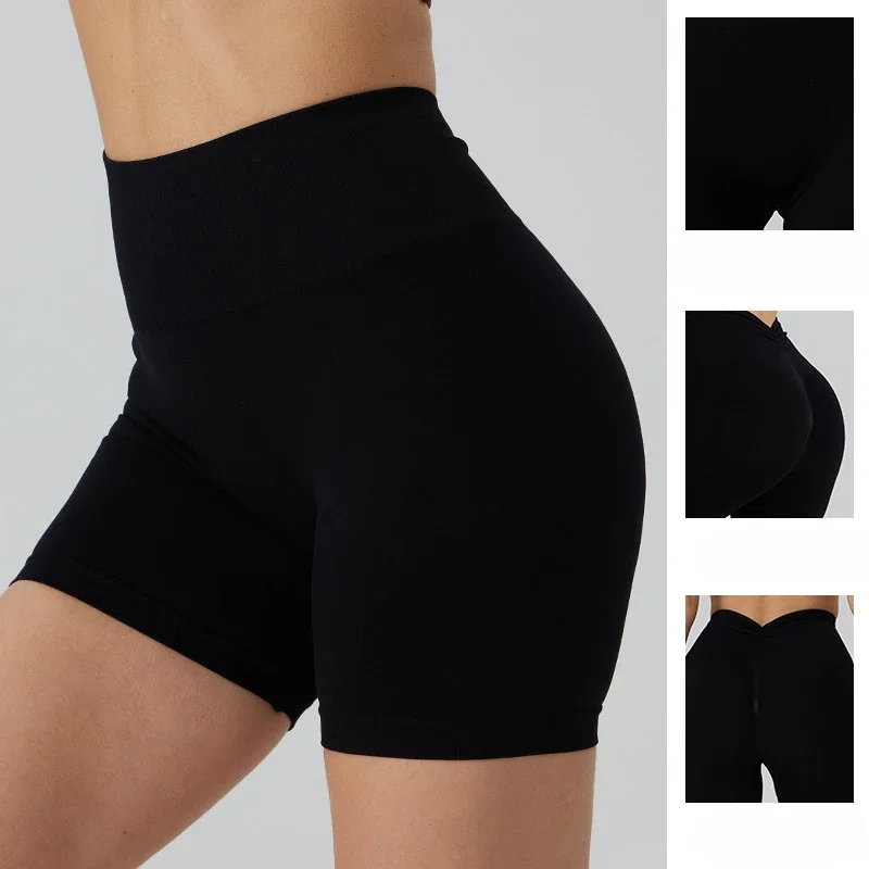 WANAYOU Back V-fold Yoga Shorts Women's Seamless Sports Bodysuit High Waist Gym Fitness Shorts Exercise Running Cycling