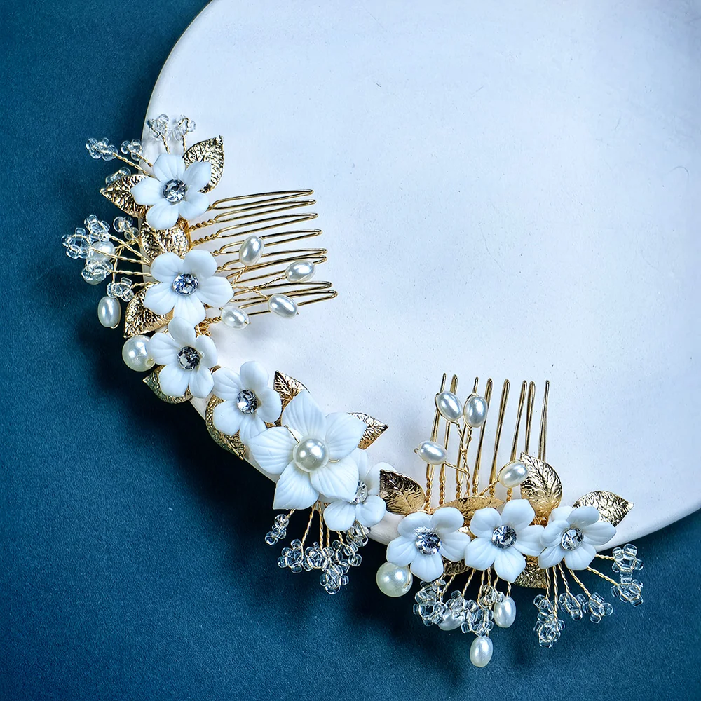 Ceramic Flower Bridal Hair Comb Pearl Wedding Hair Ornament Crystal Wedding Tiara Bridal and Bridesmaid Rhinestone Hair Ornament