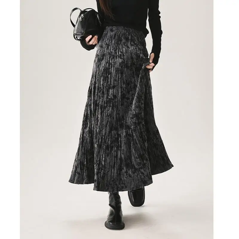 

High Waist A-Line Velvet Skirt Women's Faion Thiened Umbrella Skirt Spring Autumn Winter Casual Sle mid Waist PVC Fabric