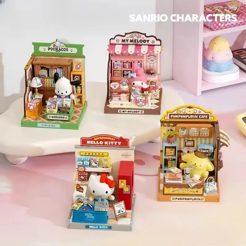 Sanrio familia Linda tienda gerente serie Diy casa pequeña Mini modelo en miniatura bloques de construcción para niños juguetes de regalo