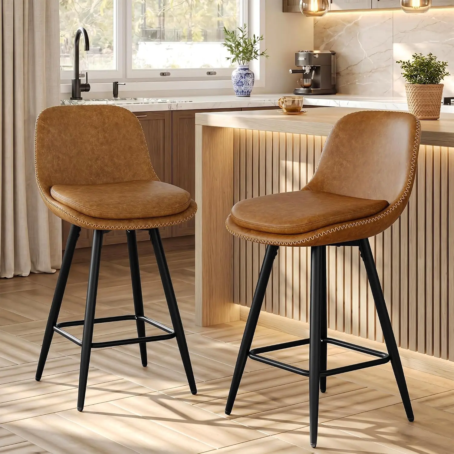 26''H Counter Height Bar Stools Set of 2, Modern PU Leather Barstools with Back & Metal Legs, Upholstered Counter, Customized