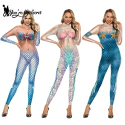 Adult Zentai Cosplay Bodysuit Women Sexy Mermaid Fish Scales Printed Slim Jumpsuit Performance Costumes Party Fancy Outfit