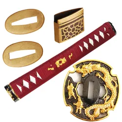 Beautiful Set 26cm Red Tsuka Dragon Tsuba+Fuchi+Kashira+Habaki+Menuki+Seppa For Japanese Sword Katana Wakizashi Tanto Fittings