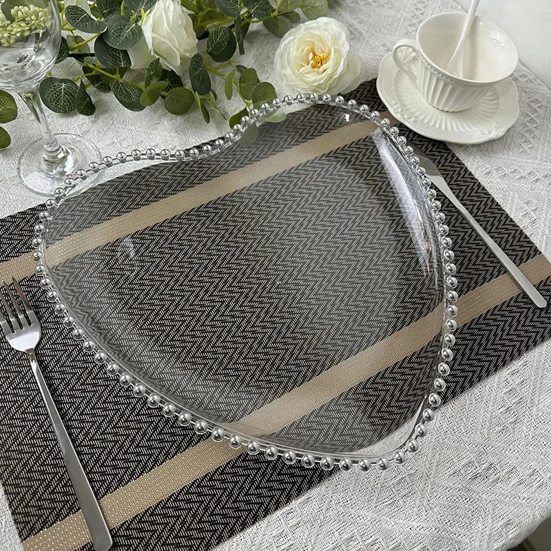 Heart Style Silver Gold Beads Charger Plate Party Dinner Plastic Service Tray Wedding Christmas Banquet Table Setting 100pcs