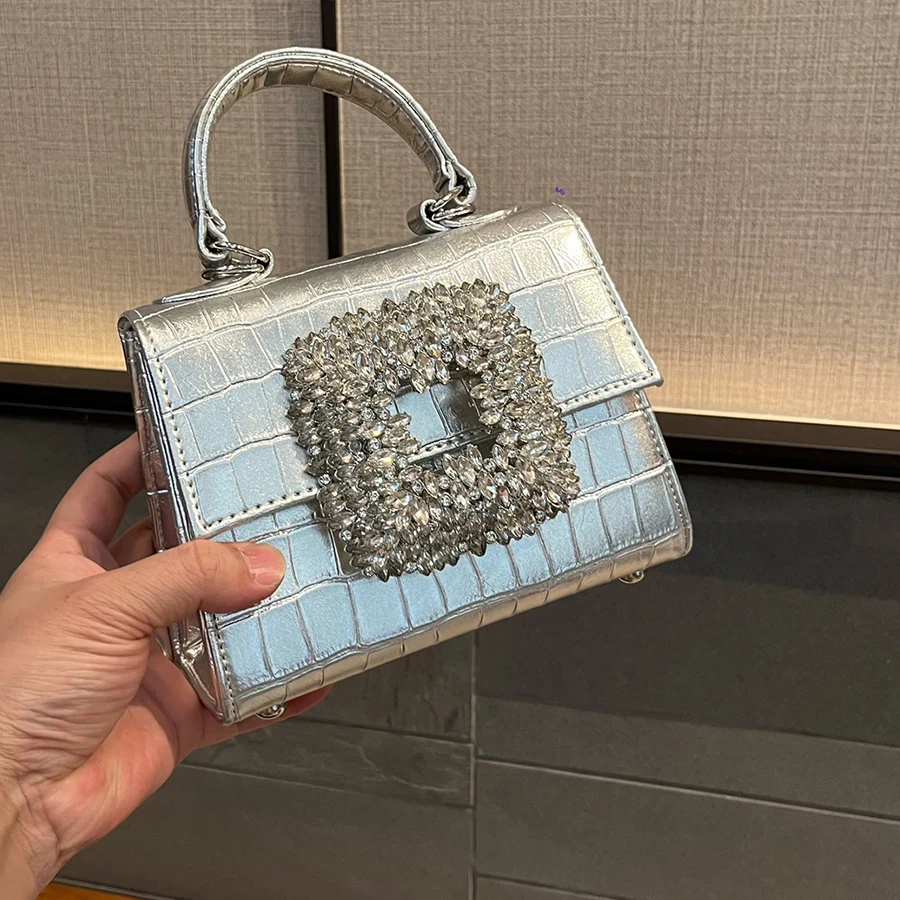 New Women Alligator Evening Banquet Handbag Rhinestone Small Square Handbag Shiny Flip Bridal Clutch Crossbody Bag For Women Sac