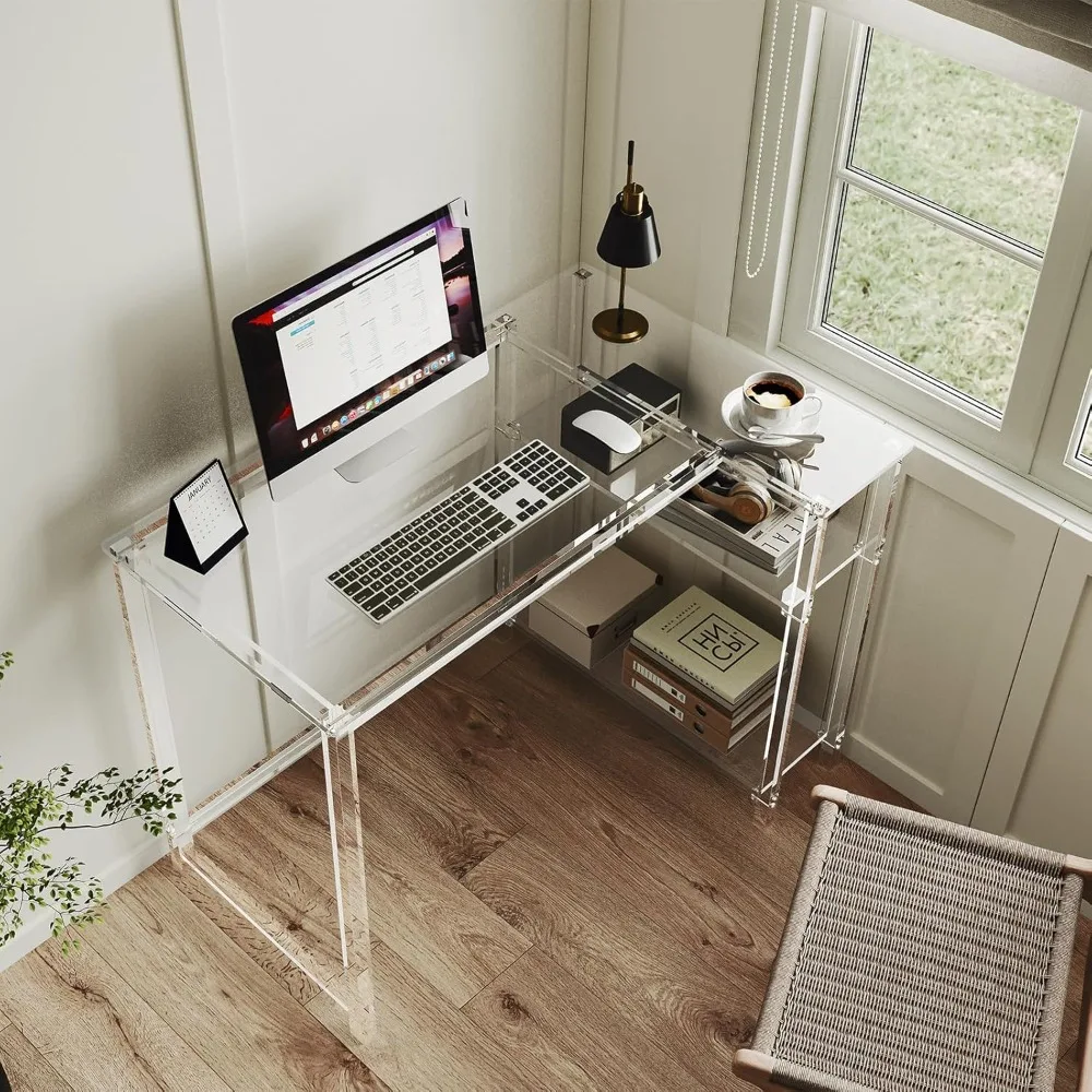 L-Shaped Desk - Clear Desk with Reversible Storage Shelves - Modern Home Office Desk Corner Desks for Study, Writing