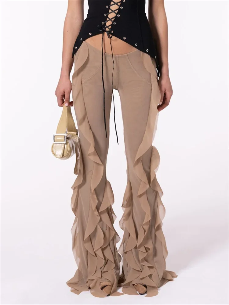 Women Frill Tassel Flare Pants Solid Color Low Waist Bodycon Bell Bottom Trousers Retro Casual Sexy Long Pants Streetwear