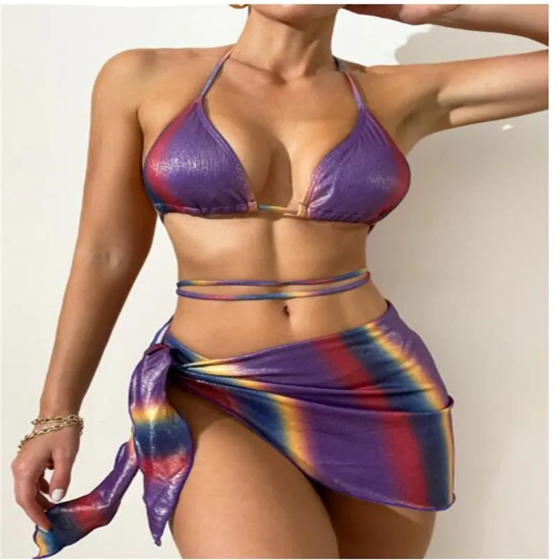 

2024 New Sexy Swimsuit women's Summer Gradient Color Bikini three-piece lace-up Bandage Padded Monokini Beach Wear Hollow Out