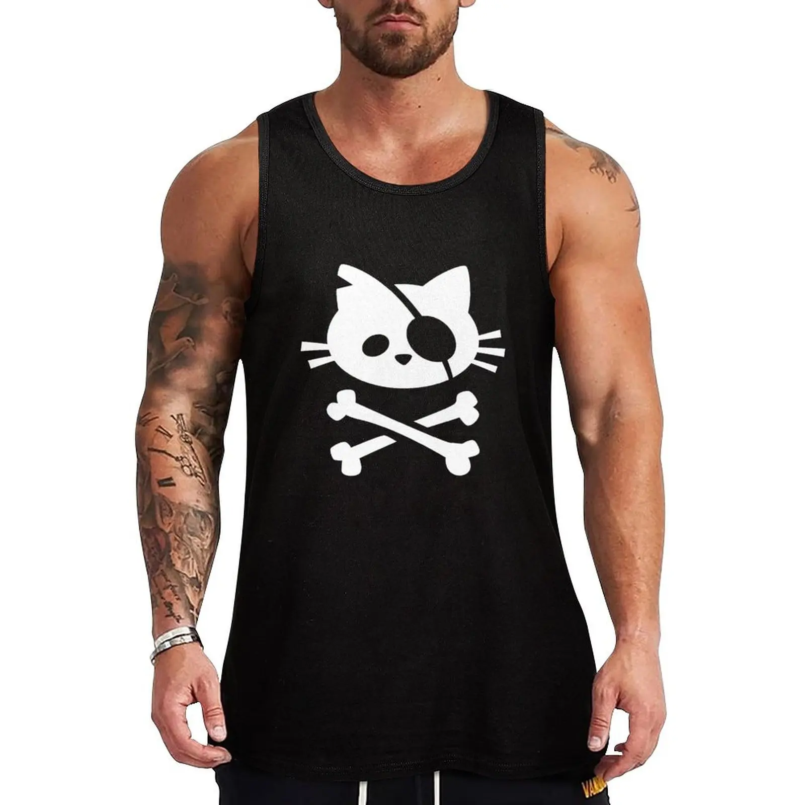 

Cute Pirate Cat Skull and Crossbone Tank Top Men's fitness t-shirt Clothing Sports clothing