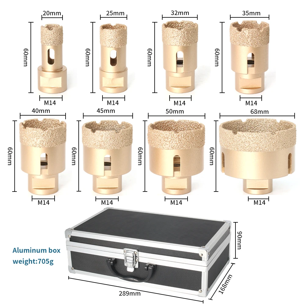 M14 Thread Diamond Dry Vacuum Brazed Drilling Core Drill Bits Set Porcelain Cup Saw Tiles Marble Hole Saw Tool High-end Suitcase