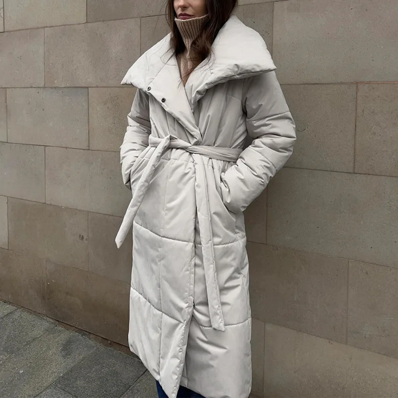 Loose Quilted Jackets Parkas Women Oversized Warm Belt Long Puffer Jacket Winter Outerwear Lady Stand Collar Cotton Padded Coats