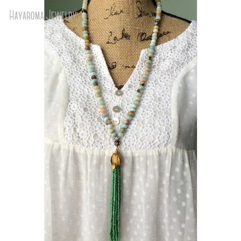 10Pcs Boho Glam Seed Bead Fringe Tassel Necklace Women Boho Amazonite Statement Jewelry