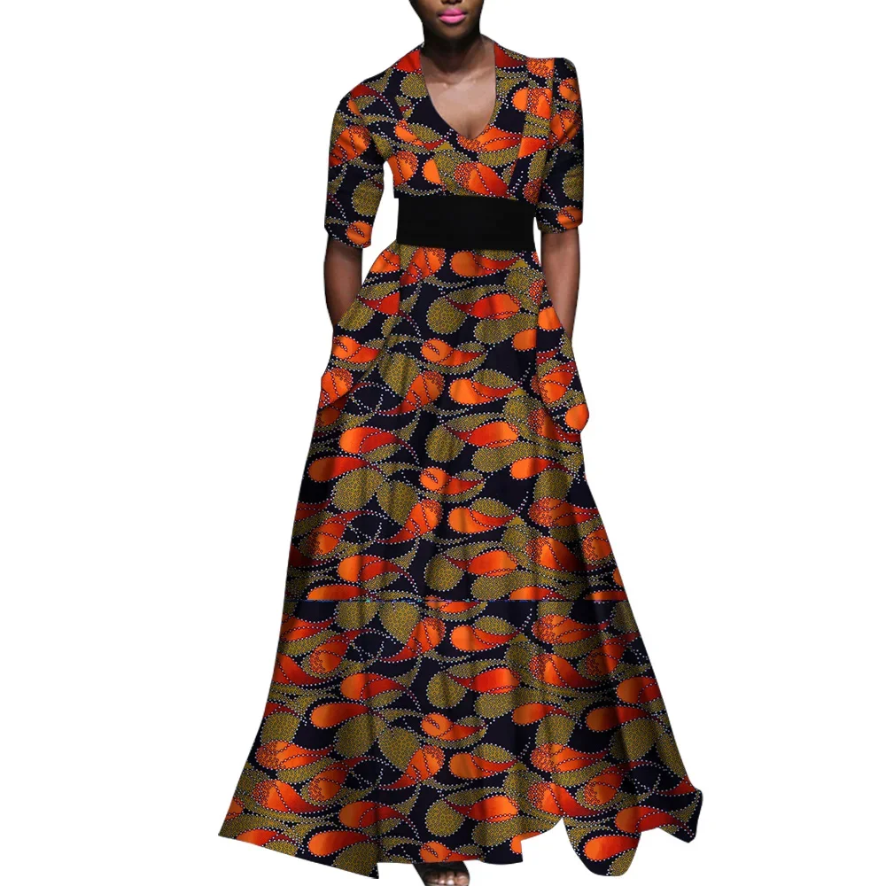 

Bintarealwax African Women's Dress for Summer Ankara Multicolor Girding Deep V-Neck Shirt Skirt African Dresses for Women Wy7415