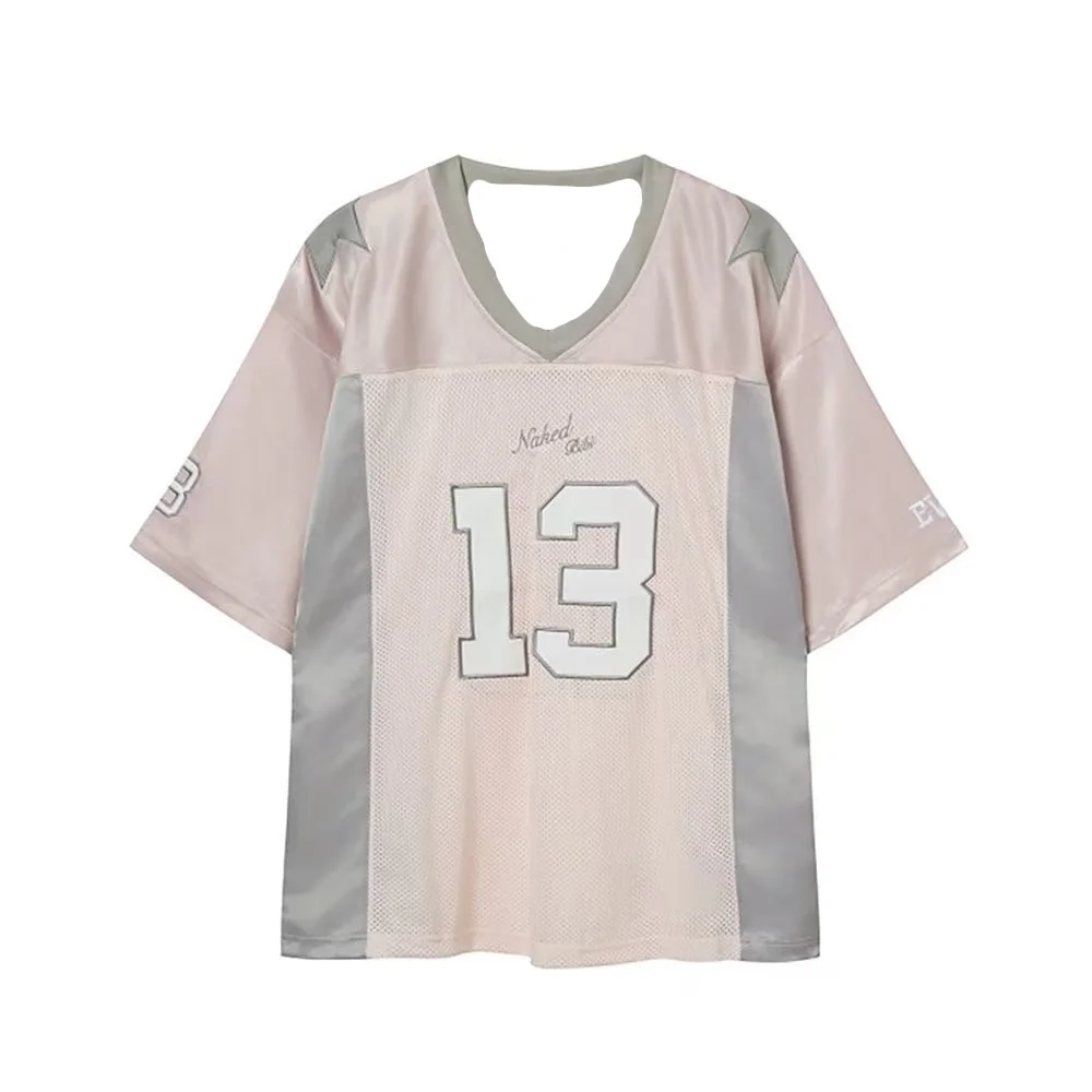 2025 Summer Korean Retro Fashion Tops Niche Trendy Brand Retro American Street Jersey V-neck Loose Women Short Sleeved T-shirt