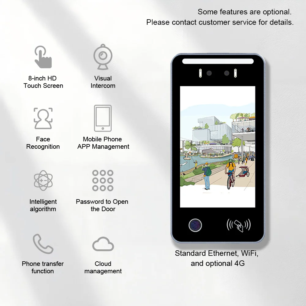 8-inch HD Android Access Control Terminal Quad-Core CPU WiFi Ethernet 4G Multi-Unlock for Office Lobby Advertisement Display