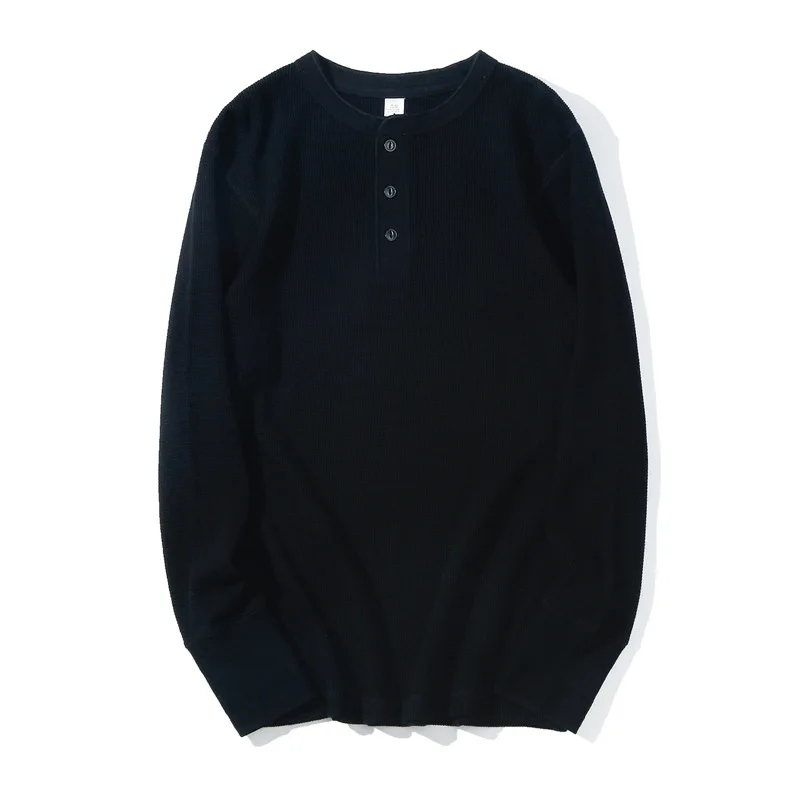 

New Waffle Henry Collar Men Heavy Cotton T-shirt American Retro Fitness Solid Long-sleeved Bottoming Shirt Thick Soft Tshirts