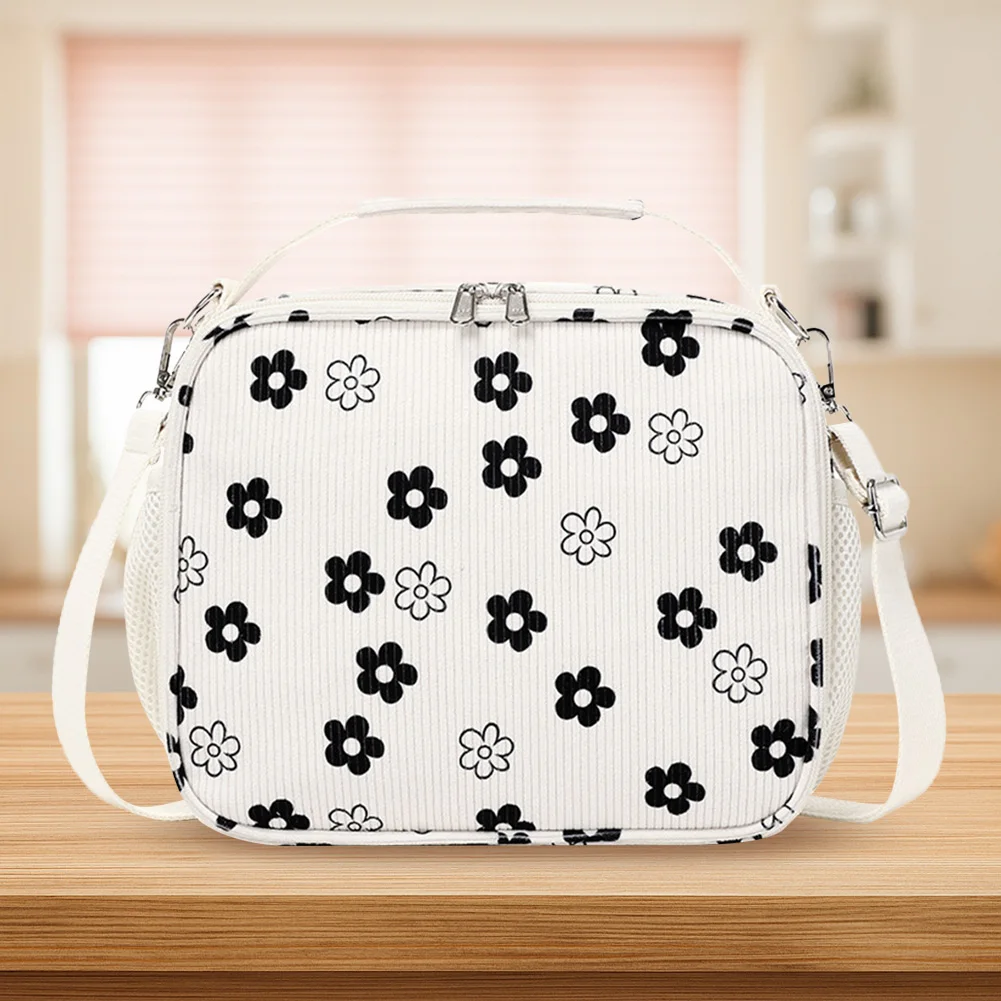 กระเป๋าใส่อาหารกลางวันแบบมีฉนวนผ้าลูกฟูก กระเป๋าใส่อาหารปิกนิกขนาดใหญ่ กระเป๋าใส่อาหารกลางวันพิมพ์ลายดอกไม้สำหรับการเดินทางไปโรงเรียนทำงานปิกนิก