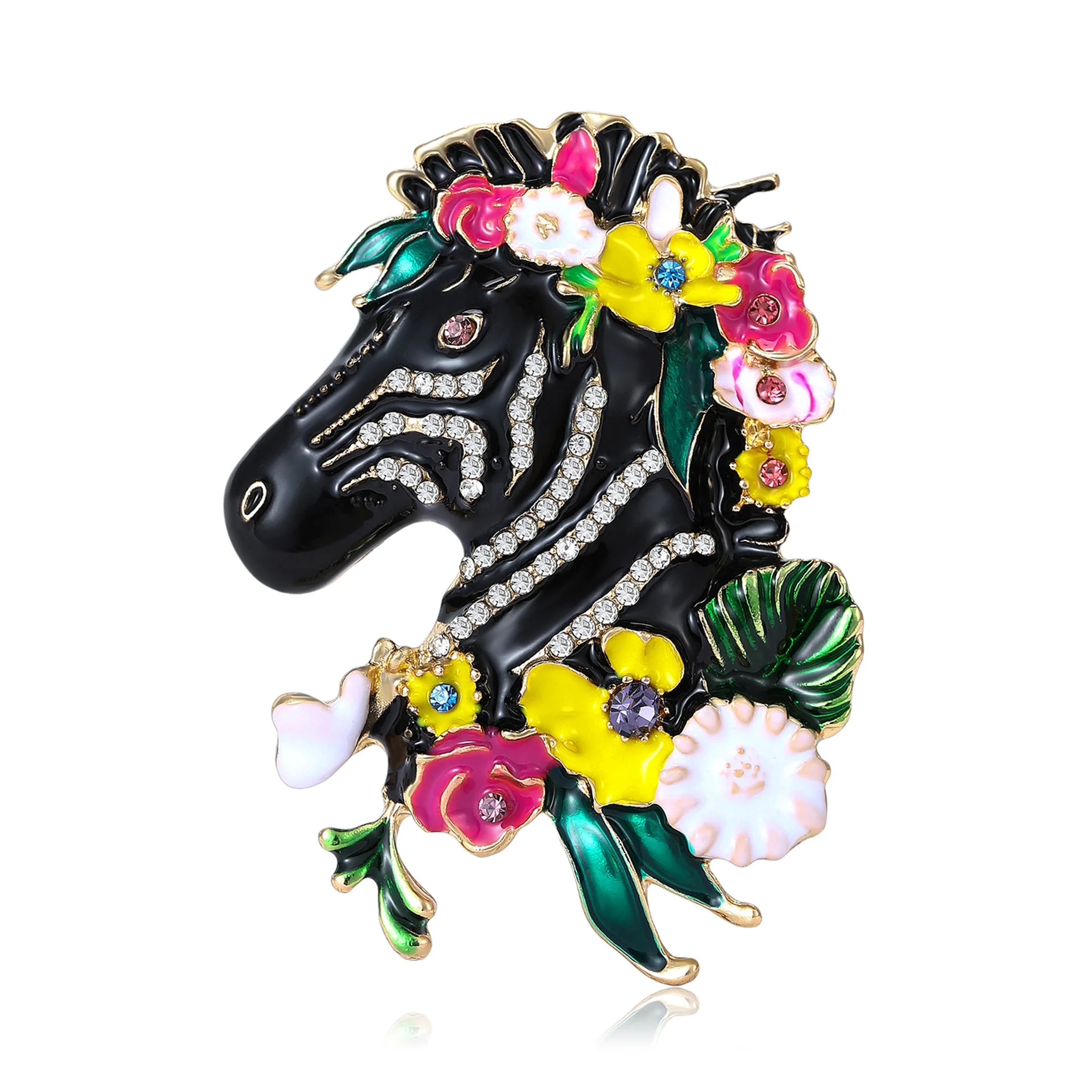 

Colorful Enamel Horse Head Brooch With Flower Diamonds, Neutral And Exquisite Coat, Overcoat, Hat, Brooch, Party Jewelry, Gift