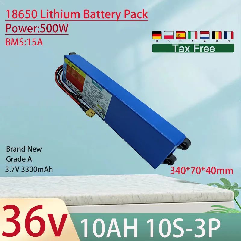 

36V 10Ah 18650 Rechargeable Lithium ion Battery Pack 10S3P 500W Motor Modified Scooter Bike High Power Electric Bicycle with BMS