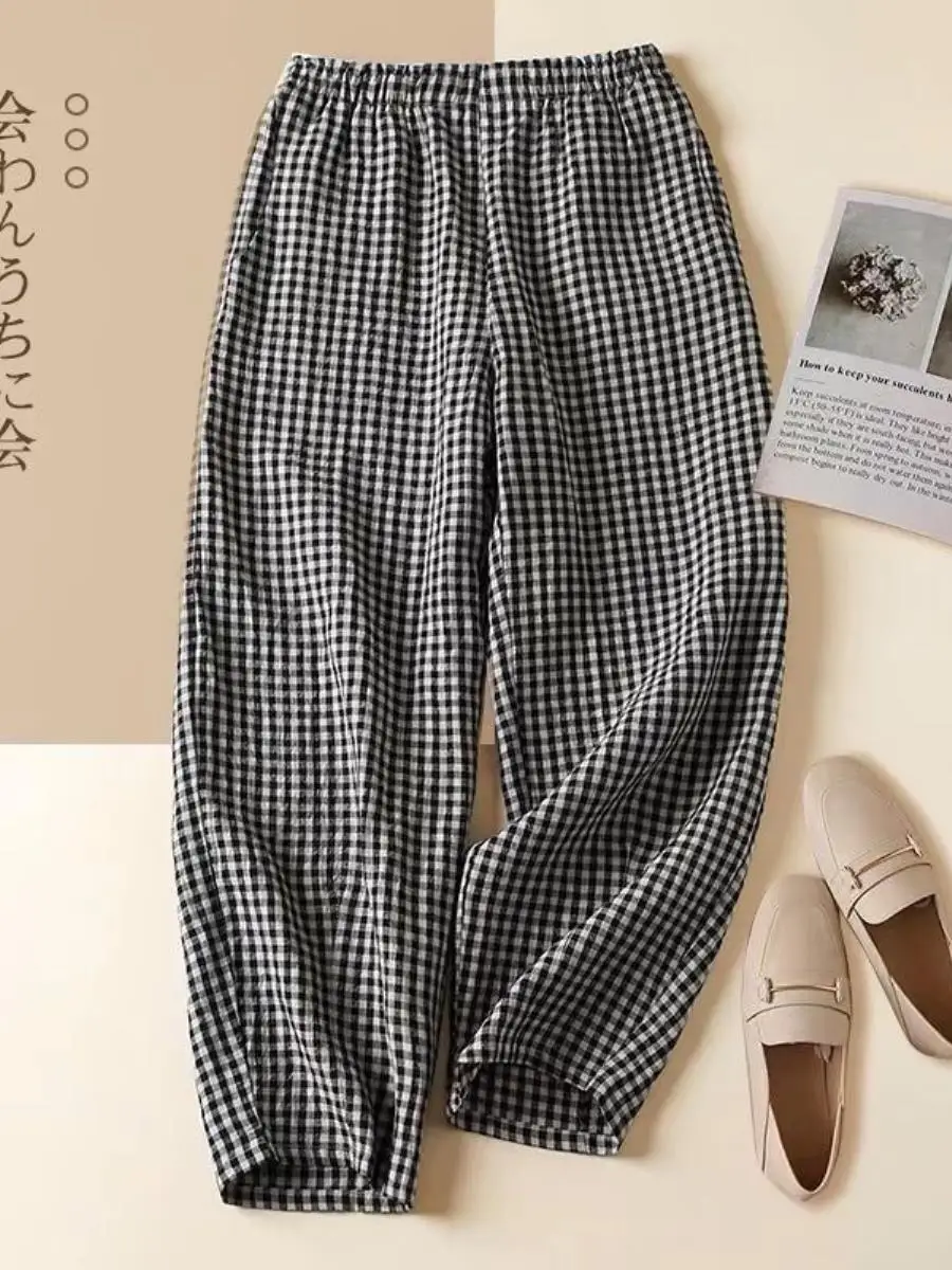 

Casual Cotton Linen Plaid Pants Women's New Style Summer Elastic Waist Loose Harlan Nine Points Pants Loose Wide Leg Trousers