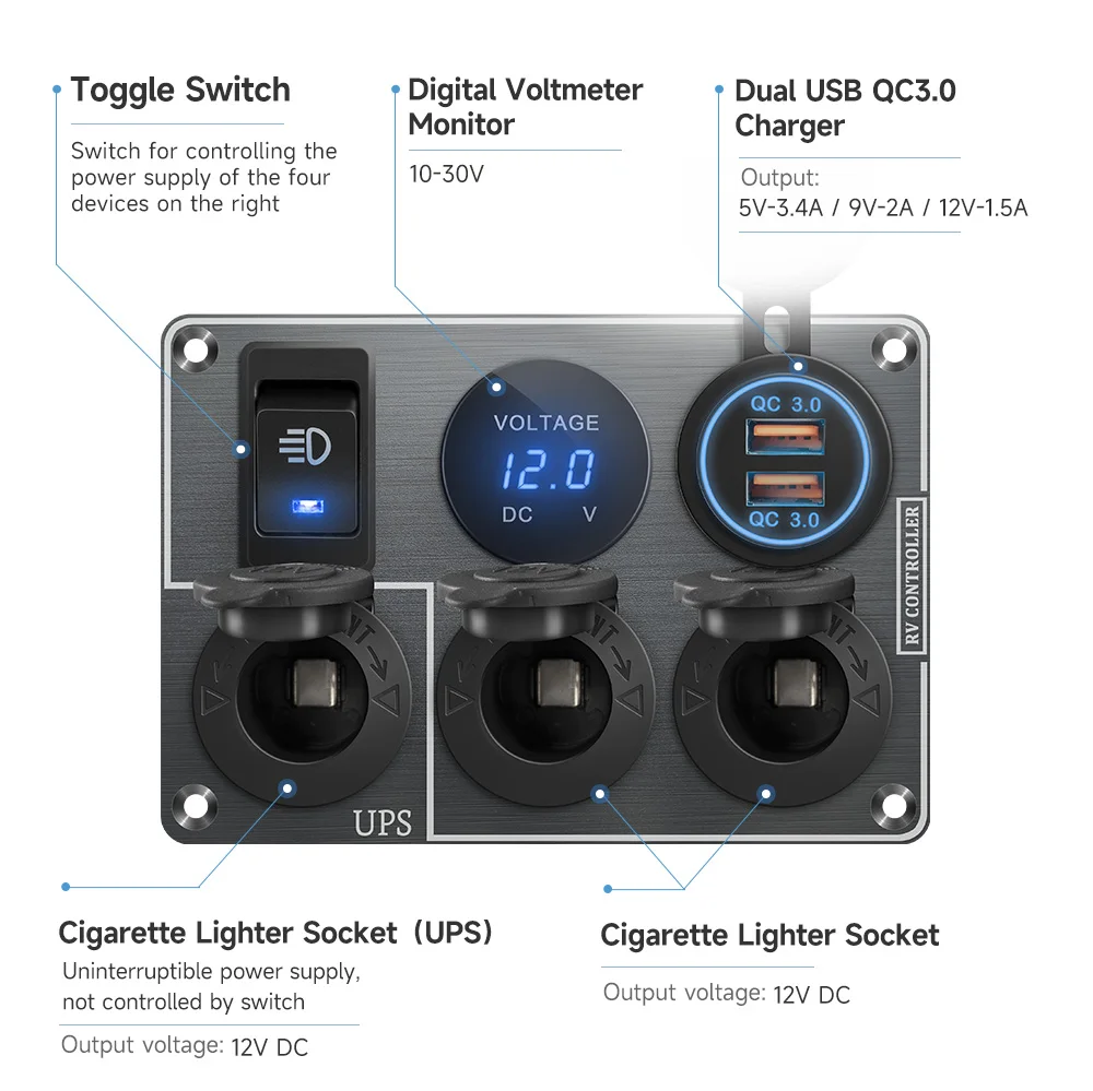 Chargeur de voiture panneau en aluminium multicanonique, UPS, prise de briquet Laguna, port touristique, USB QC3.0, 12V, 24V pour montres, yacht,