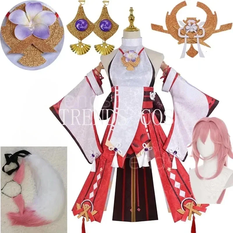 Textured Fabric Inazuma Yae Miko Full Set Guuji Yae Cosplay Costume Wig Earning Headwear Ears Tail Miko Full Set