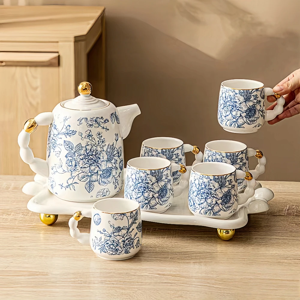 

Factory Wholesale Luxury Elegant Floral Ceramic Tea Cup Set with Gift Box 6 Cups 1 Teapot and Serving Tray