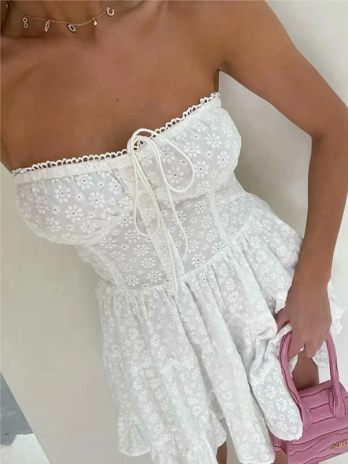 Evening Party Embroideryed Dress Elegant Summer Solid Color White Lace dress Off Shoulder Short Dress Front Tie Back Shirred