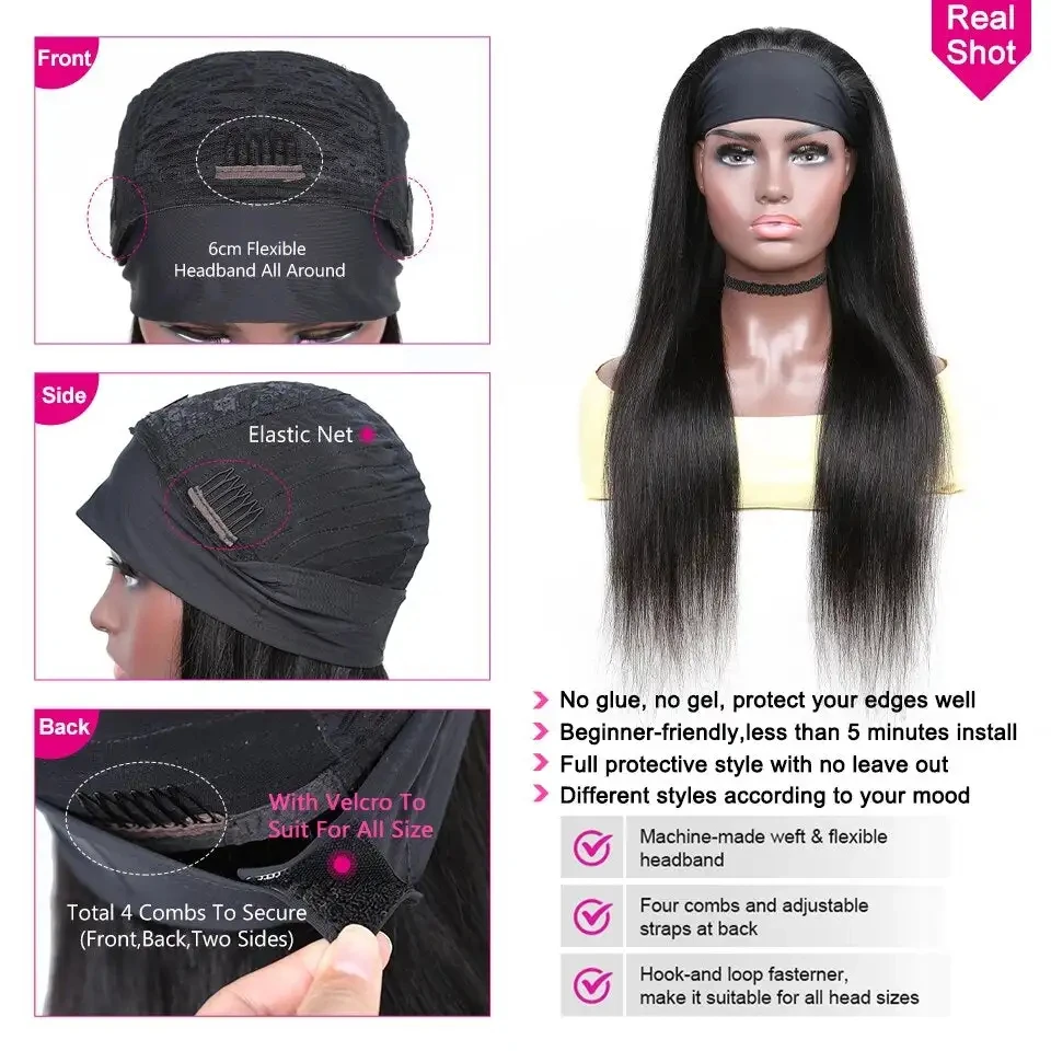 Straight Headband Wig 200% 250% Human Hair Wigs Brazilian Remy Hair Headband Wig Human Hair 8\