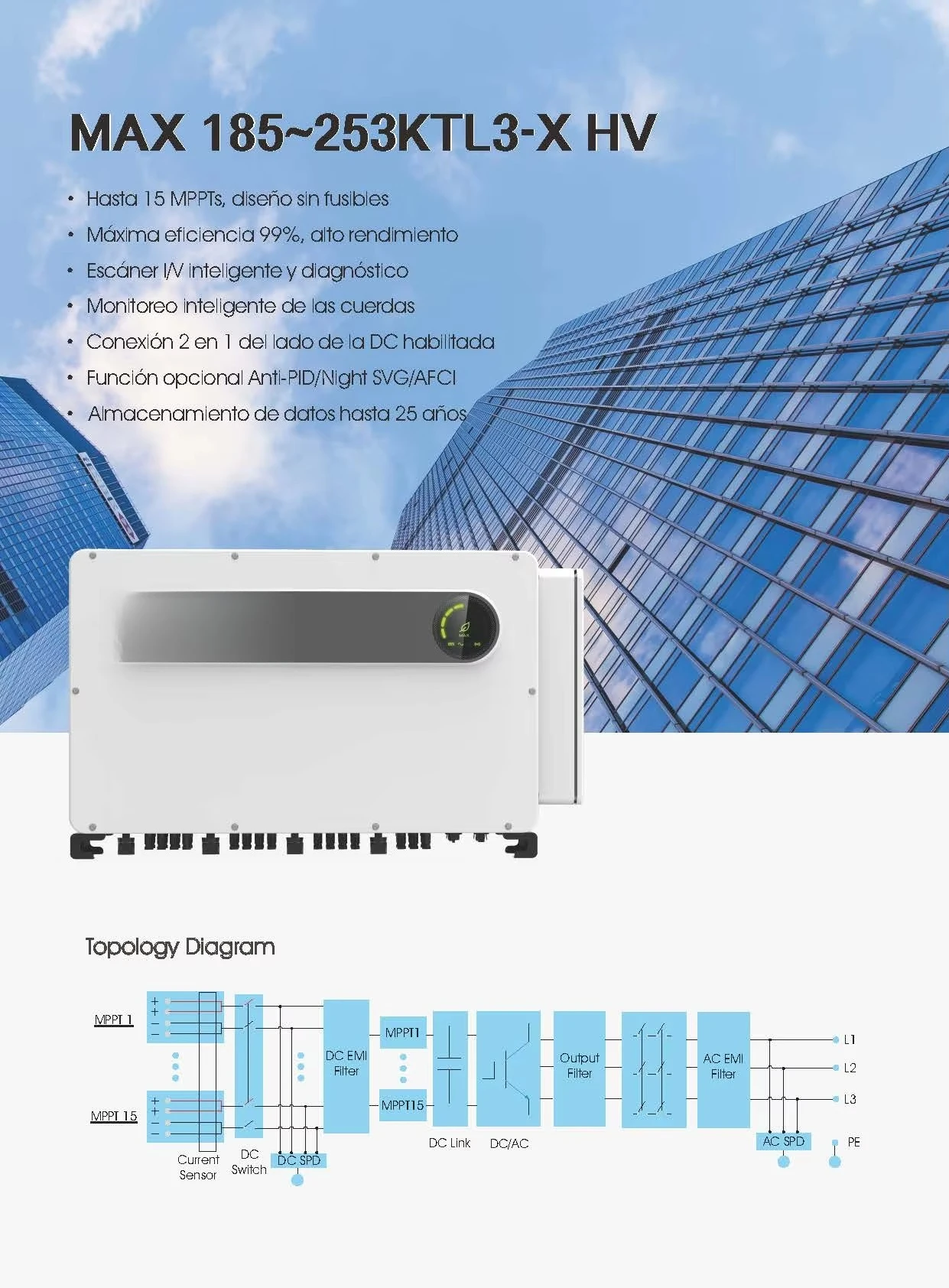 Growatt MAX 250KTL3-X HV Three Phase 800V 250kw on Grid Solar Inverter With 15 MPPTs for Commercial Solar Power System