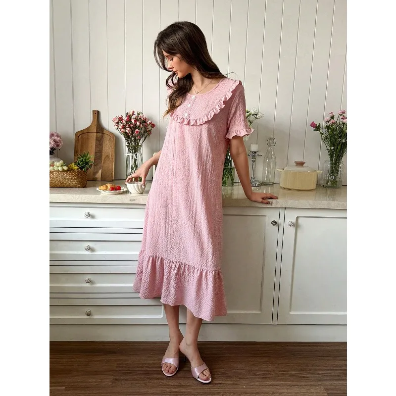 Pink Bubble Crinkle Fabric Ruffle Trim Loose Women Long Nightgown Babydoll Pajama Set Ruffle Pajamas Women Pajama Dress