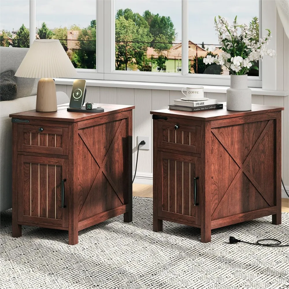 

End Table with Charging Station,Set of 2,Industrial/Farmhouse Nightstand with Drawers,Side Table with Storage & Removable Shelf